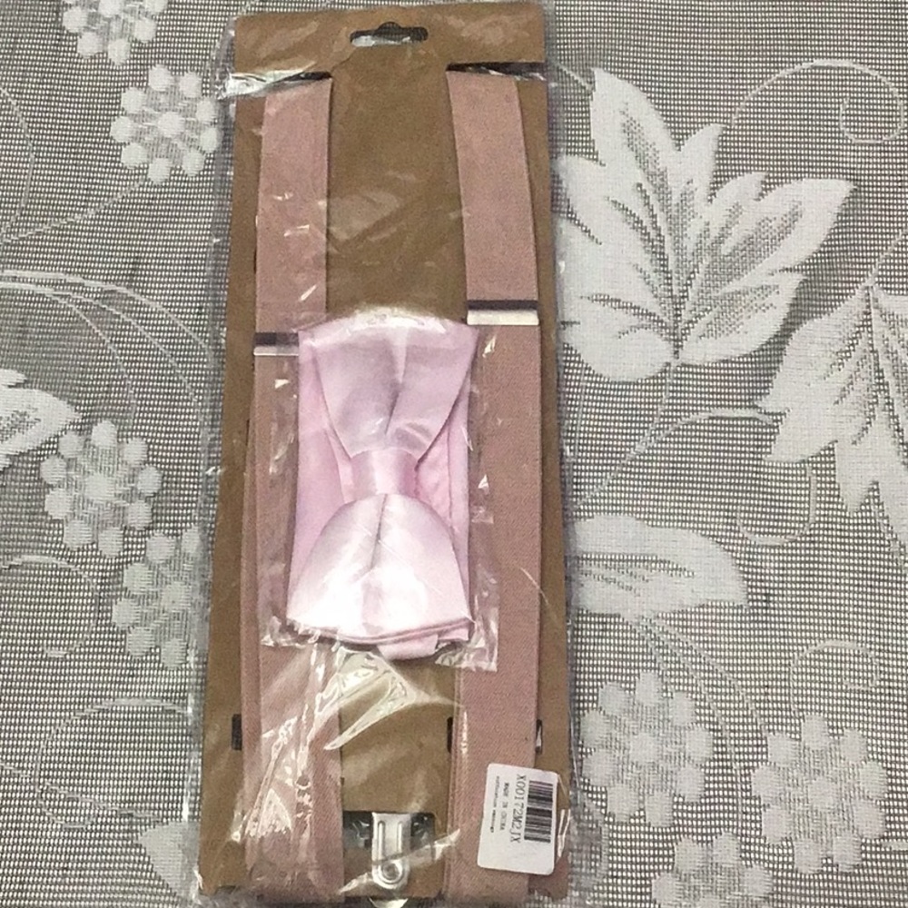 Adjustable Peach Cream Suspenders with Pink Bow Tie